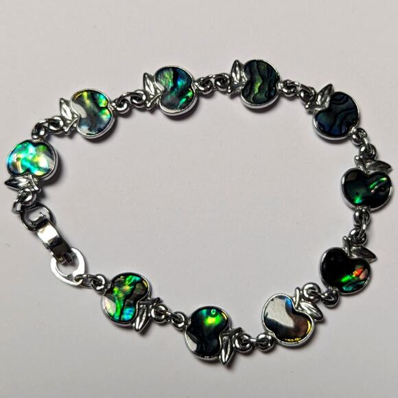 Abalone Shell Inlay Apple Chain Link Silver Tone Teacher's Gift Bracelet - Picture 1 of 4